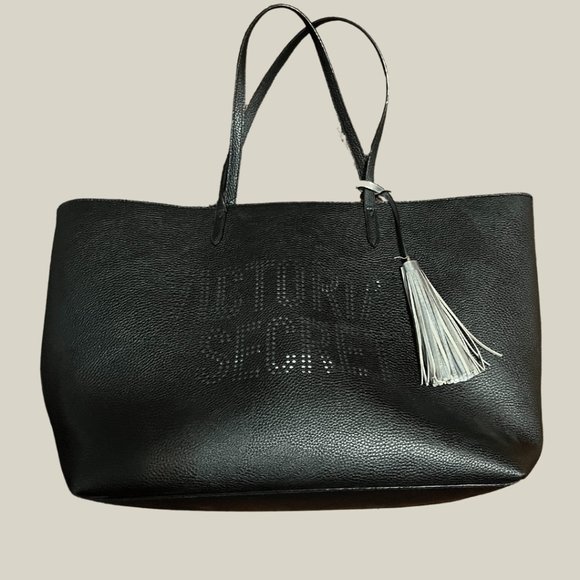 Victoria Secret vegan Leather Tote - Black outside and Silver Inside -01… - Picture 1 of 3